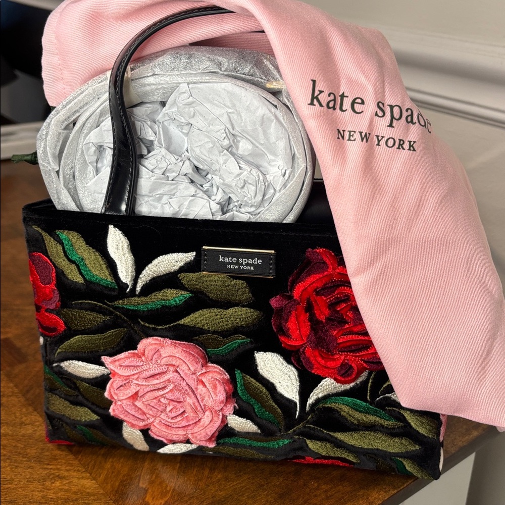 KATE SPADE Sam Icon Rose Garden Embroidery Embellished Velvet Tote - Picture 8 of 12